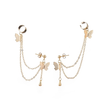 Brass Butterfly with Hanging Chain Dangle Stud Earrings, 304 Stainless Steel Long Drop Earrings with Ear Cuffs for Women, Golden, 90mm, Pin: 0.8mm