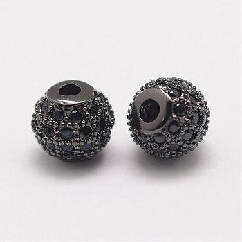 Brass Micro Pave Cubic Zirconia Beads, Round, Gunmetal, 6x5.5mm, Hole: 2mm