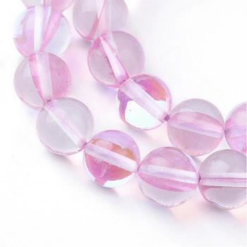 Synthetic Moonstone Beads Strands, Holographic Beads, Dyed, Round, Pink, 8mm, Hole: 1mm, about 45~47pcs/strand, 14~15 inch