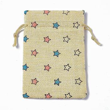 Burlap Packing Pouches Drawstring Bags, Rectangle, Pale Goldenrod, Star, 13.5~14x10x0.35cm