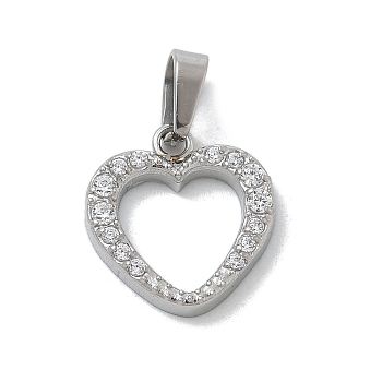 Ion Plating(IP) 304 Stainless Steel Micro Pave Cubic Zirconia Pendants, Heart Charms, Stainless Steel Color, 12x11x2mm, Hole: 4x2.5mm