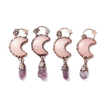 Natural Rose Quartz Big Pendants, with Red Copper Tone Tin Findings, Lead & Nickel & Cadmium Free, Moon and Bullet, 91mm
