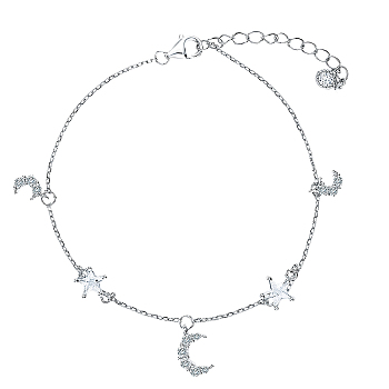 925 Sterling Silver Pave Clear Cubic Zirconia Star Moon Lovely Fairy Charm Bracelets, Cable Chain Bracelets for Women, Silver Color Plated, 6-1/4 inch(16cm)