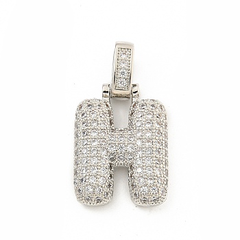 Brass Micro Pave Clear Cubic Zirconia Pendants, Platinum, Letter H, 31x17x5mm, Hole: 3x6mm