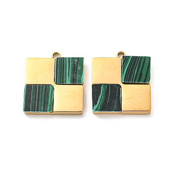 Synthetic Malachite Charms, with 304 Stainless Steel Findings, Square Charms, Real 14K Gold Plated, 14x12x2mm, Hole: 1.2mm