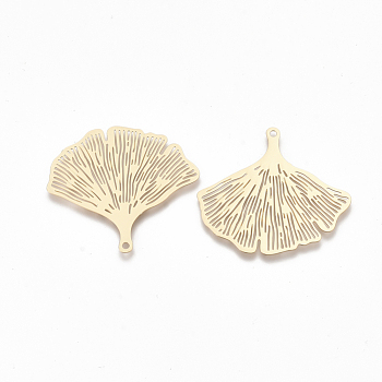 Brass Pendants, Etched Metal Embellishments, Ginkgo Leaf, Light Gold, 30x33x0.3mm, Hole: 1.4mm