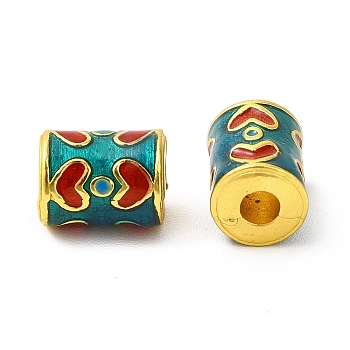 Alloy Enamel Beads, Rack Plating, Column with Heart Pattern, Matte Gold Color, Dark Cyan, 10x7.5mm, Hole: 3mm