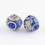 Handmade Indonesia Round Beads, with Glass Cabochons and Antique Silver Metal Color Double Alloy Cores, Blue, 14~15x15~16mm, Hole: 2mm(IPDL-R400-02)