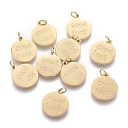 Ion Plating(IP) 304 Stainless Steel Charms, with Jump Rings, Flat Round with Word Good Luck, Golden, 11.5x10x0.8mm, Hole: 2mm(STAS-I164-004G)