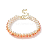 Glass Imitation Pearl & Bicone Beaded Bracelets, Dark Orange, 6-3/8~6-5/8 inch(16.3~16.8cm)(BJEW-MZ00035-01)