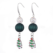Christmas Theme, Alloy Enamel Dangle Earrings, with 304 Stainless Steel Earring Hooks, Rubberized Style Acrylic & Polymer Clay Pave Rhinestone Beads, Christmas Tree, Green, 80mm, Pin: 0.8mm(EJEW-JE03362-01)