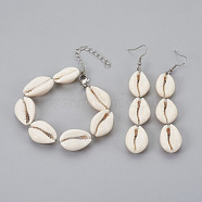 Cowrie Shell Jewelry Sets, Bracelets & Earrings, with 304 Stainless Steel Findings, Seashell Color, 7-1/4 inch(18.5cm), 89~90mm, Pin: 0.6mm(SJEW-JS01009)