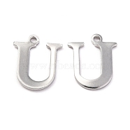 304 Stainless Steel Alphabet Charms, Stainless Steel Color, Letter.U, 12x9.5x1mm, Hole: 1mm(STAS-H122-U-P)