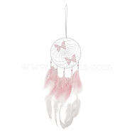 SUPERFINDINGS Woven Net/Web with Feather & Butterfly Pendant Decorations, Cotton Wrapped Iron Hanging Ornament, Pink, 660mm, 1pc/box(AJEW-FH0003-42C)