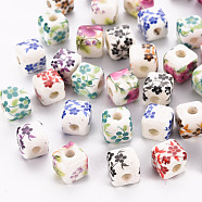 Printed Handmade Porcelain Beads, Cube, Mixed Color, 8.5x8.5x8.5mm, Hole: 2.5mm(X-PORC-ZX018-02)