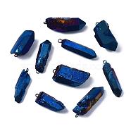 Vacuum Plating Natural Quartz Crystal Pendants, with Brass Loop, Strip Shape, Medium Blue, 24~36x7~16x6~11mm, Hole: 1.8mm(G-R461-07C)
