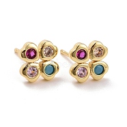 Clover Brass Micro Pave Colorful Cubic Zirconia Ear Studs, Lead Free & Cadmium Free, Real 18K Gold Plated, 9x9mm, Pin: 0.8mm(KK-K258-29G-RS)