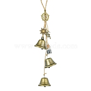 Iron Bell & Synthetic Blue Goldstone Wishing Bottle Wind Chime, Flat Round with Star Alloy Charm and Jute Cord Home Outdoor Hanging Decorations, Antique Bronze, 357mm, Bell: 40x38mm, Pendants: 25~30x15~27x1.5~13mm(HJEW-JM01740)