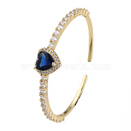 Cubic Zirconia Heart Open Cuff Bangle, Real 18K Gold Plated Brass Jewelry for Women, Dark Blue, Inner Diameter: 2-1/8 inch(5.4cm)(BJEW-N012-031B)