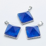 Blue Watermelon Stone Glass Pendants, with Brass Findings, Pyramid, Platinum, 32x28.5x14mm, Hole: 6x3mm(G-O163-F10)