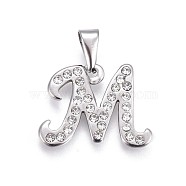 304 Stainless Steel Pendants, with Rhinestone, Letter, Letter.M, 17.5x23x2mm, Hole: 3~3.5x7.5~8mm(STAS-F202-16P-M)