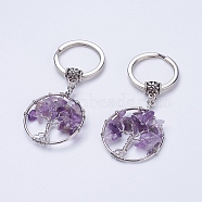 Natural Amethyst Keychain, with Iron Key Rings and Brass Finding, Flat Round with Tree of Life, 65~67mm, 36x29x5~8mm(KEYC-E023-03H)