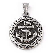 304 Stainless Steel Pendants, with 201 Stainless Steel Snap on Bails, Flat Round with Anchor Charm, Antique Silver, 38x32x4.5mm, Hole: 7x5mm(STAS-A083-03AS)