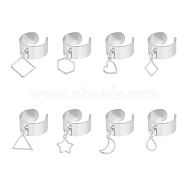 8Pcs 8 Style 304 Stainless Steel Open Cuff Rings Set, with Hollow Geometry Charms, Stainless Steel Color, Inner Diameter: 17~18mm, 1Pc/style(RJEW-AB00012)