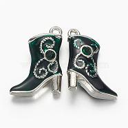 Alloy Enamel Pendants, Cadmium Free & Lead Free, with Rhinestones, Platinum Color, Boot, Green, about 16mm wide, 21mm long, hole: 1mm(E516-3)
