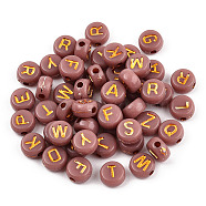 Plating Acrylic Beads, Golden Metal Enlaced, Horizontal Hole, Flat Round with Letter, Indian Red, 6.5~7x3.5~4mm, Hole: 1.6mm, about 3600g/500g(OACR-P017-A05)