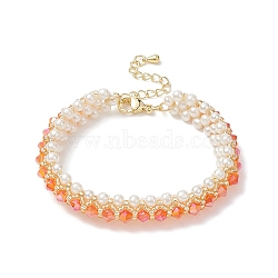Glass Imitation Pearl & Bicone Beaded Bracelets, Dark Orange, 6-3/8~6-5/8 inch(16.3~16.8cm)(BJEW-MZ00035-01)