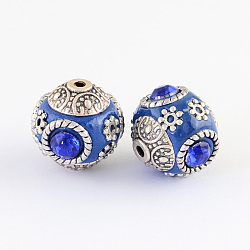 Handmade Indonesia Round Beads, with Glass Cabochons and Antique Silver Metal Color Double Alloy Cores, Blue, 14~15x15~16mm, Hole: 2mm(IPDL-R400-02)