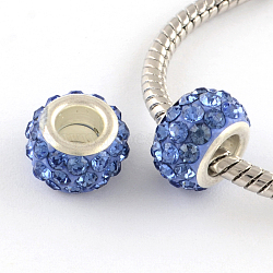 Polymer Clay Rhinestone European Large Hole Beads with Silver Color Plated Brass Cores, Rondelle, Light Sapphire, 11~12x7~7.5mm, Hole: 5mm(FPDL-R002-08)
