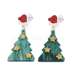 Glitter Hat Christmas Tree Acrylic Dangle Stud Earrings, Alloy Jewelry for Women, Dark Green, 62x32mm(EJEW-L203-12C)