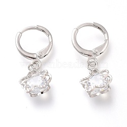 Brass Huggie Hoop Earrings, with Clear Cubic Zirconia, Flower, Platinum, 26mm, Pin: 0.8mm(EJEW-Z003-04P)