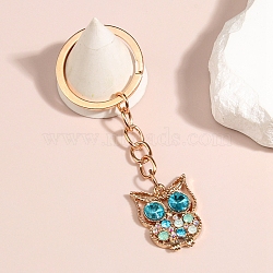 Golden Zinc Alloy Keychain, with Aquamarine Rhinestone, Owl, 8cm(PW-WG55237-05)