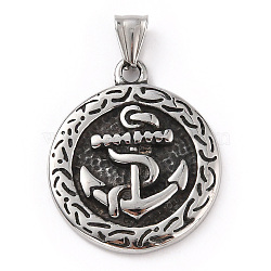 304 Stainless Steel Pendants, with 201 Stainless Steel Snap on Bails, Flat Round with Anchor Charm, Antique Silver, 38x32x4.5mm, Hole: 7x5mm(STAS-A083-03AS)