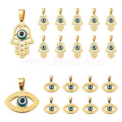 4Pcs 2 Style 304 Stainless Steel Pendants, with Glass Evil Eye, Hamsa Hand/Hand of Miriam & Evil Eye, Golden, 16~24.5x15~21.5x3~4mm, Hole: 7x3mm, 2pcs/style(STAS-LS0001-79G)