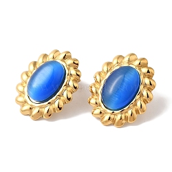 Oval Golden Ion Plating(IP) 304 Stainless Steel Stud Earrings for Women, with Cat Eye, Golden, Blue, 23x20mm(EJEW-L287-052G-02)