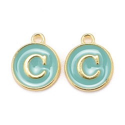 Golden Plated Alloy Enamel Charms, Cadmium Free & Lead Free, Enamelled Sequins, Flat Round with Letter, Turquoise, Letter.C, 14x12x2mm, Hole: 1.5mm(ENAM-S118-05C)