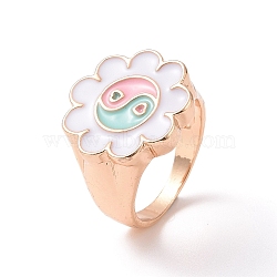 Enamel Flower with Yin Yang Finger Rings, Light Gold Alloy Signet Ring for Women, White, US Size 7 3/4(17.9mm)(RJEW-H108-01B-KCG)