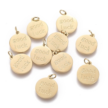 Ion Plating(IP) 304 Stainless Steel Charms, with Jump Rings, Flat Round with Word Good Luck, Golden, 11.5x10x0.8mm, Hole: 2mm