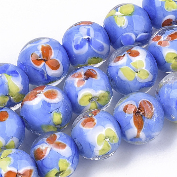 Handmade Lampwork Beads Strands, Inner Flower, Round, Dodger Blue, 12~13x10.5~12mm, Hole: 1.2mm, about 45pcs/Strand, 19.29  inch~19.69 inch
