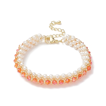 Glass Imitation Pearl & Bicone Beaded Bracelets, Dark Orange, 6-3/8~6-5/8 inch(16.3~16.8cm)