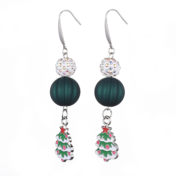 Christmas Theme, Alloy Enamel Dangle Earrings, with 304 Stainless Steel Earring Hooks, Rubberized Style Acrylic & Polymer Clay Pave Rhinestone Beads, Christmas Tree, Green, 80mm, Pin: 0.8mm