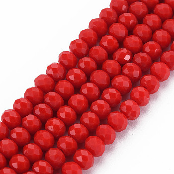 Opaque Solid Color Glass Beads Strands, Faceted, Rondelle, Red, 4x3mm, Hole: 0.4mm, about 113~115pcs/strand, 41~42cm