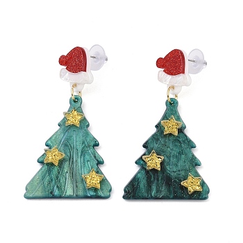 Glitter Hat Christmas Tree Acrylic Dangle Stud Earrings, Alloy Jewelry for Women, Dark Green, 62x32mm