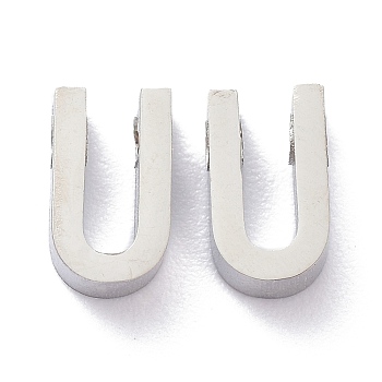 304 Stainless Steel Charms, Alphabet, Stainless Steel Color, Letter.U, 8x4.5x3mm, Hole: 1.8mm