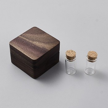 Square Wood Magnetic First Curl Keepsake Boxes, with 2Pcs Glass Cork Bottle, Coconut Brown, 5.45x5.45x3.8cm
