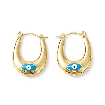 316 Stainless Steel Hoop Earrings, Enamel Evil Eye Earring for Women, Deep Sky Blue, 24x18x5mm, Pin: 0.8mm